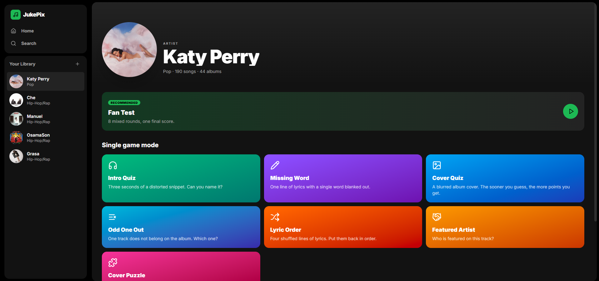 JukePix home screen with the artist search and the available quiz modes