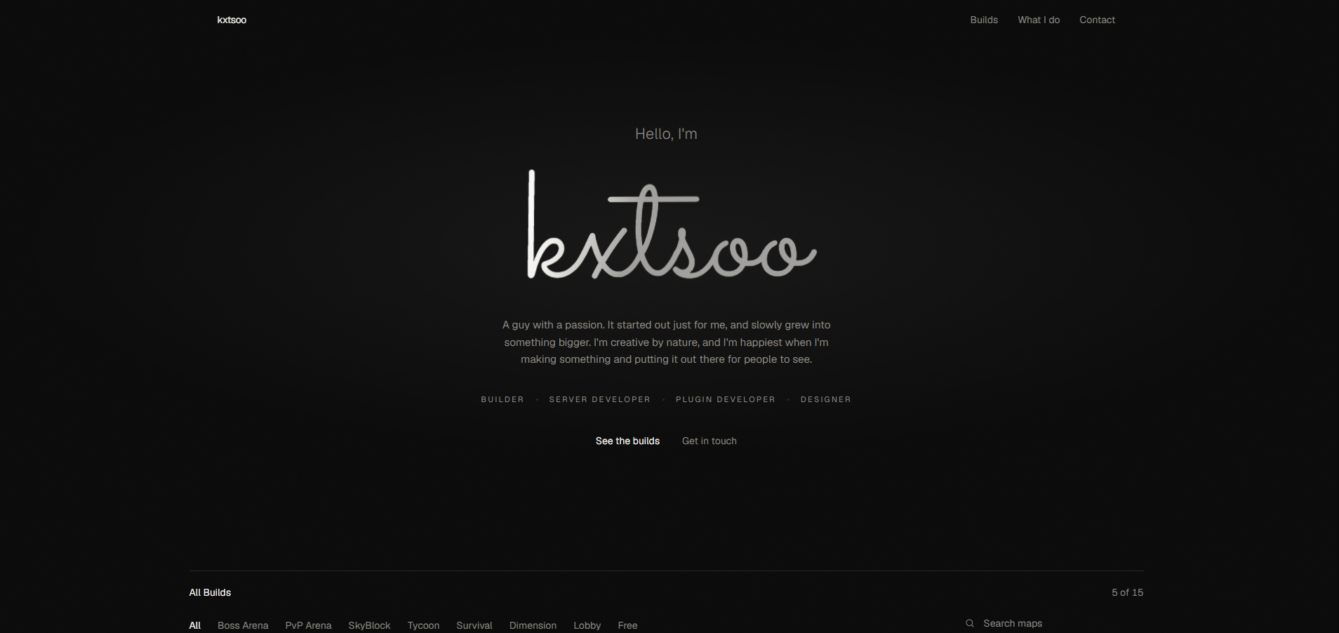 kxtsoo's Portfolio — A minimal, monochrome portfolio for a Minecraft builder and plugin developer, built around a searchable gallery of builds.