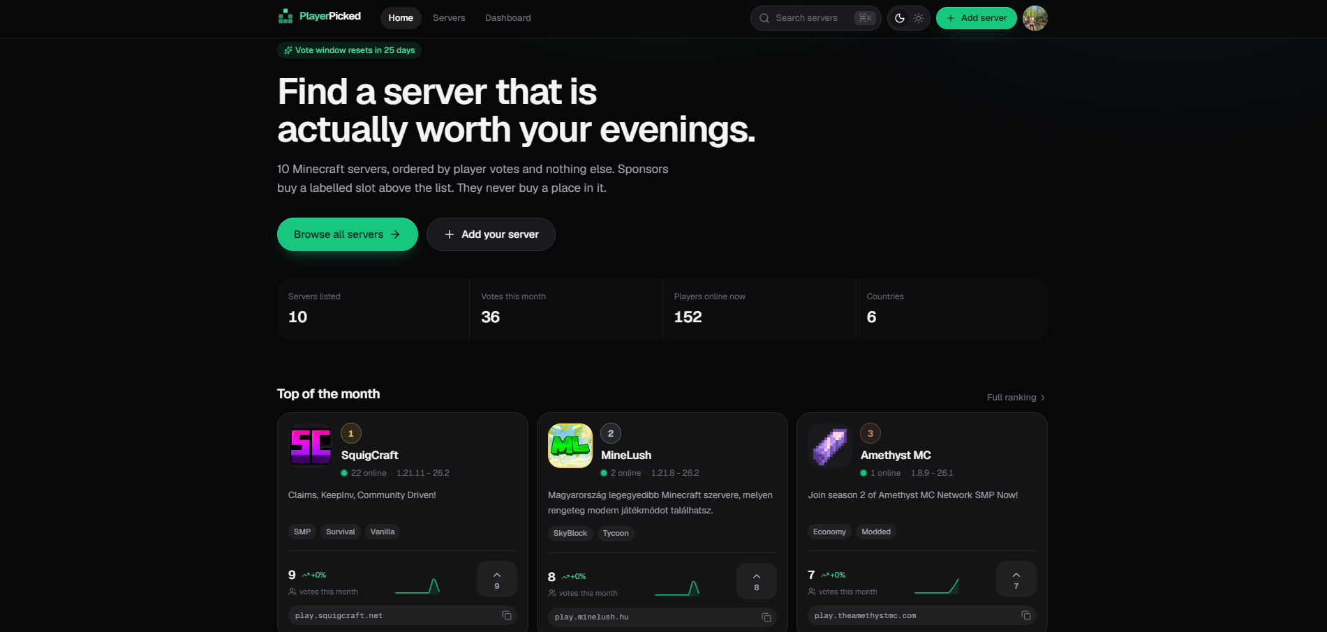 PlayerPicked — A minimalist yet simple voting website for global Minecraft servers.