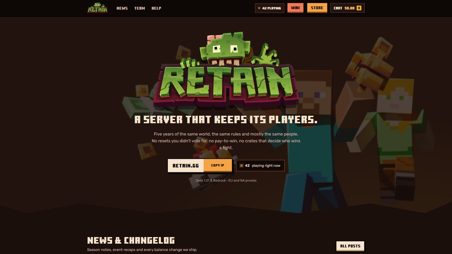 Retain homepage with the zombie logo over a Minecraft banner, the server IP copy button and the live player count