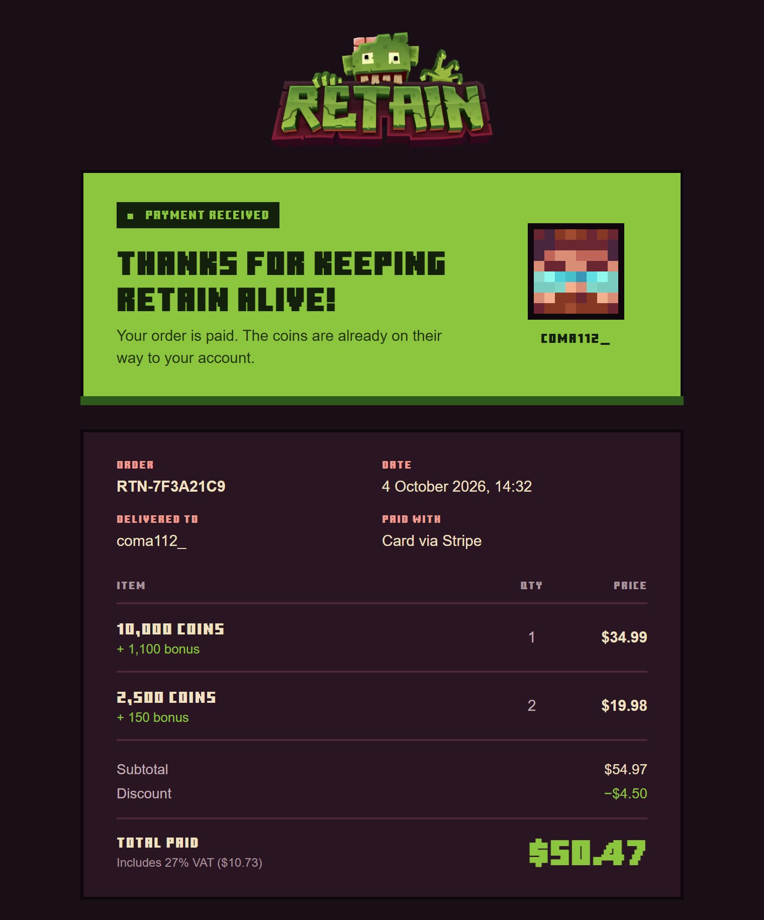 Retain receipt email with a payment confirmation, the player head, order details, line items and the total paid