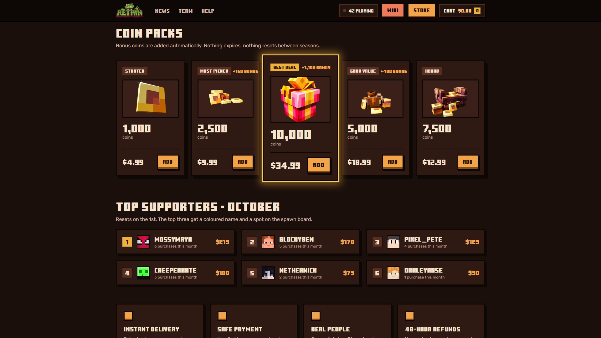 Retain coin store showing five coin packs with a highlighted best deal and the monthly top supporters