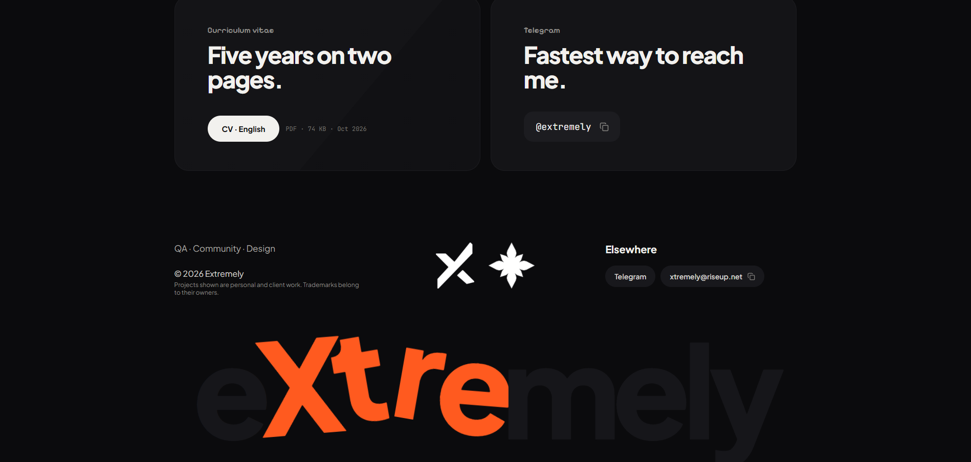 The CV download and Telegram contact cards above a footer with an oversized orange eXtremely wordmark