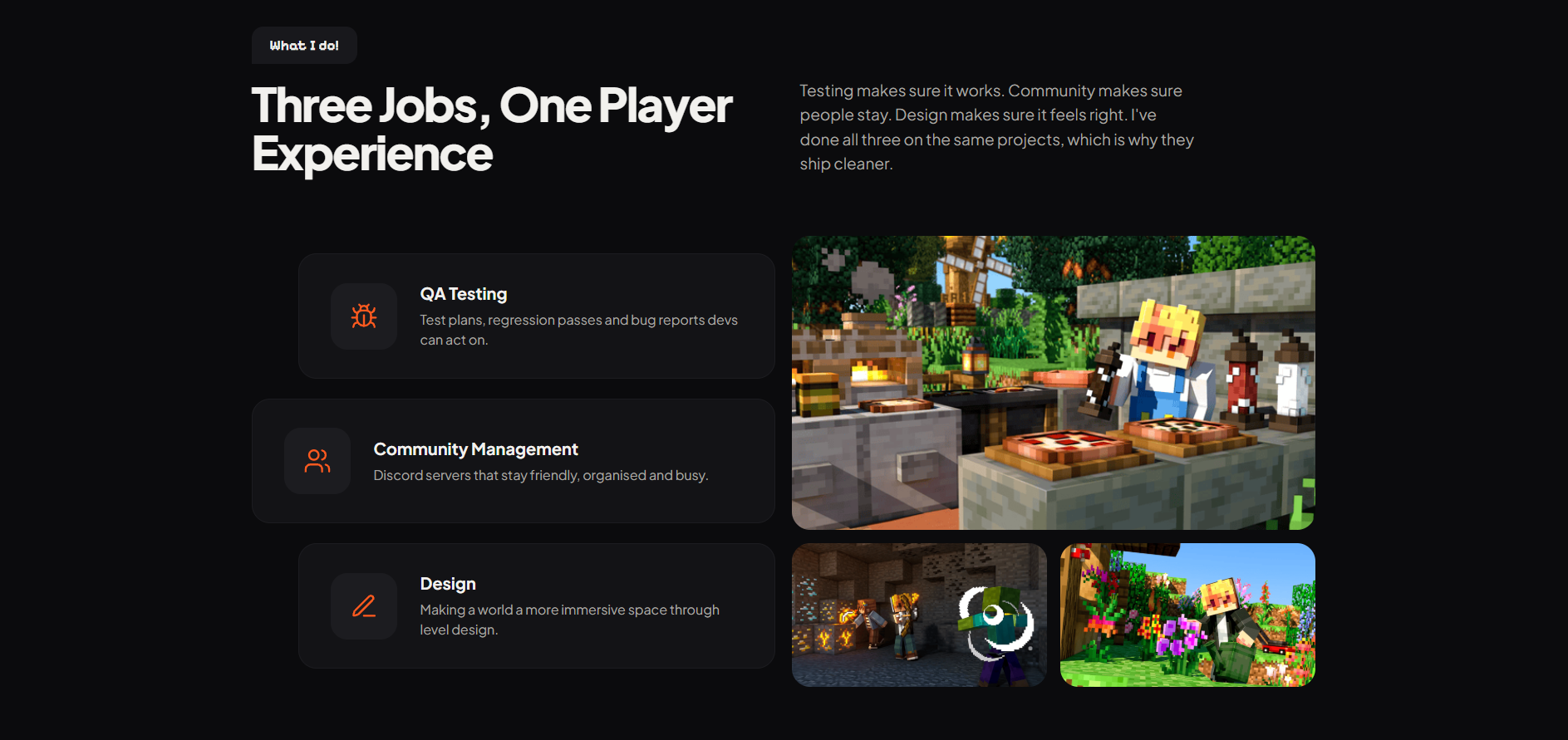 The "Three Jobs, One Player Experience" section with QA testing, community management and design cards next to Minecraft screenshots