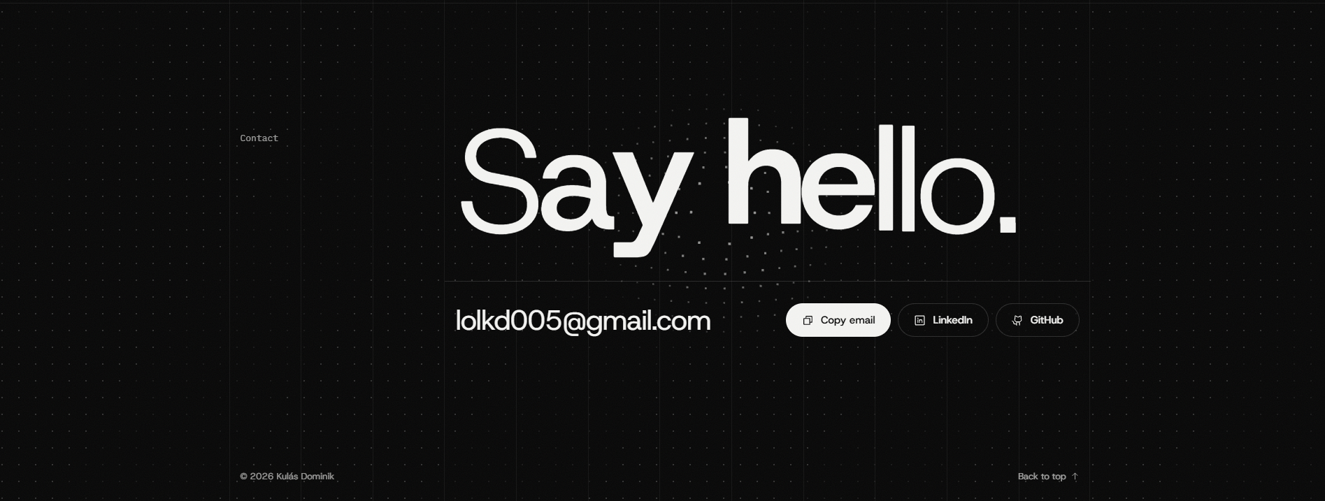 The contact section with a large "Say hello." headline over a dot field, the email address and Copy email, LinkedIn and GitHub buttons