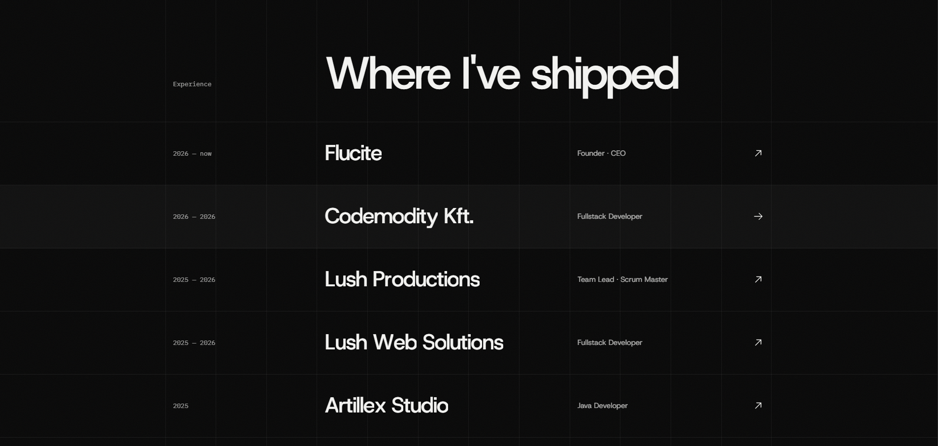 The "Where I've shipped" list with Flucite, Codemodity Kft., Lush Productions, Lush Web Solutions and Artillex Studio, each with years and role