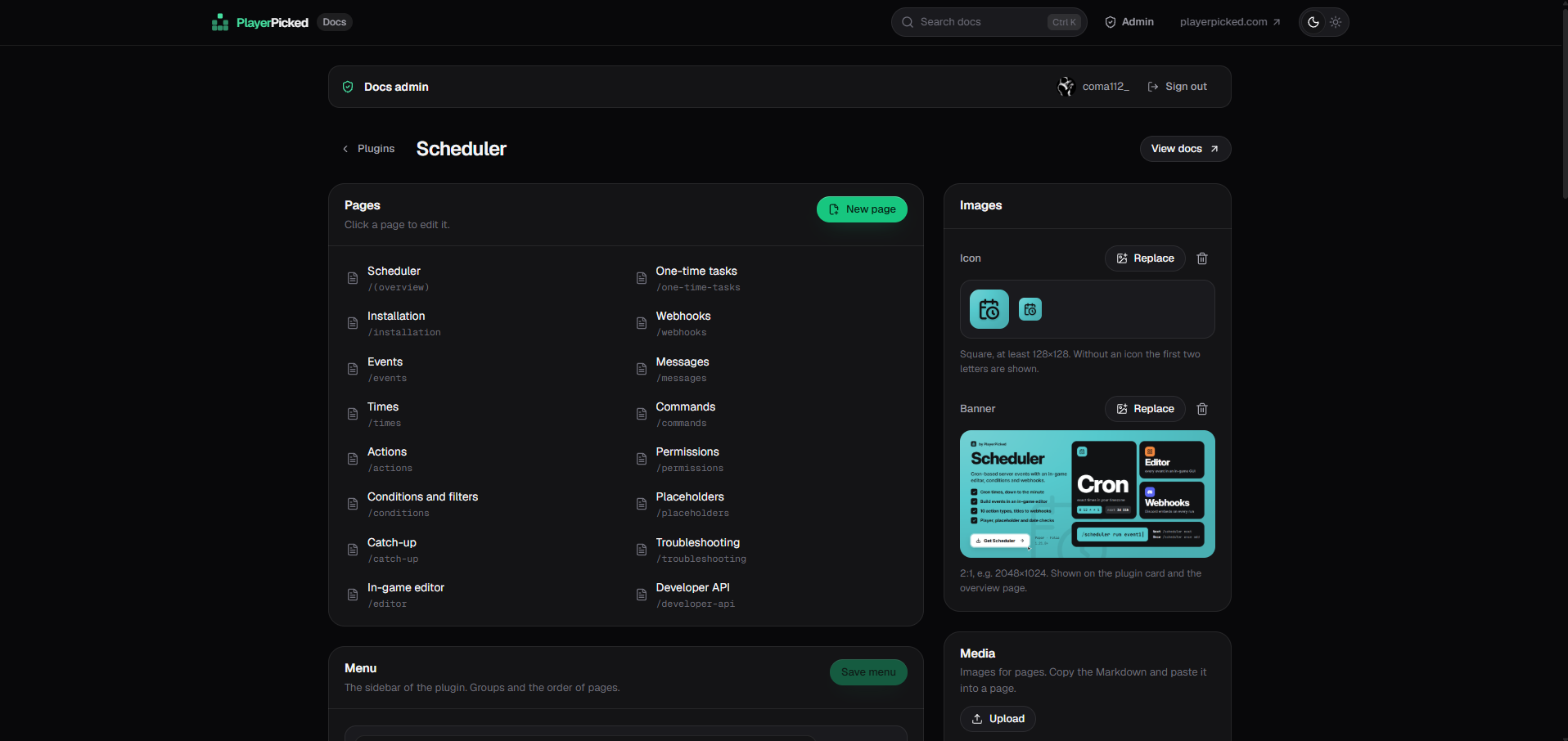 The docs admin panel for the Scheduler plugin with its list of pages, the icon and banner editor and a media upload section