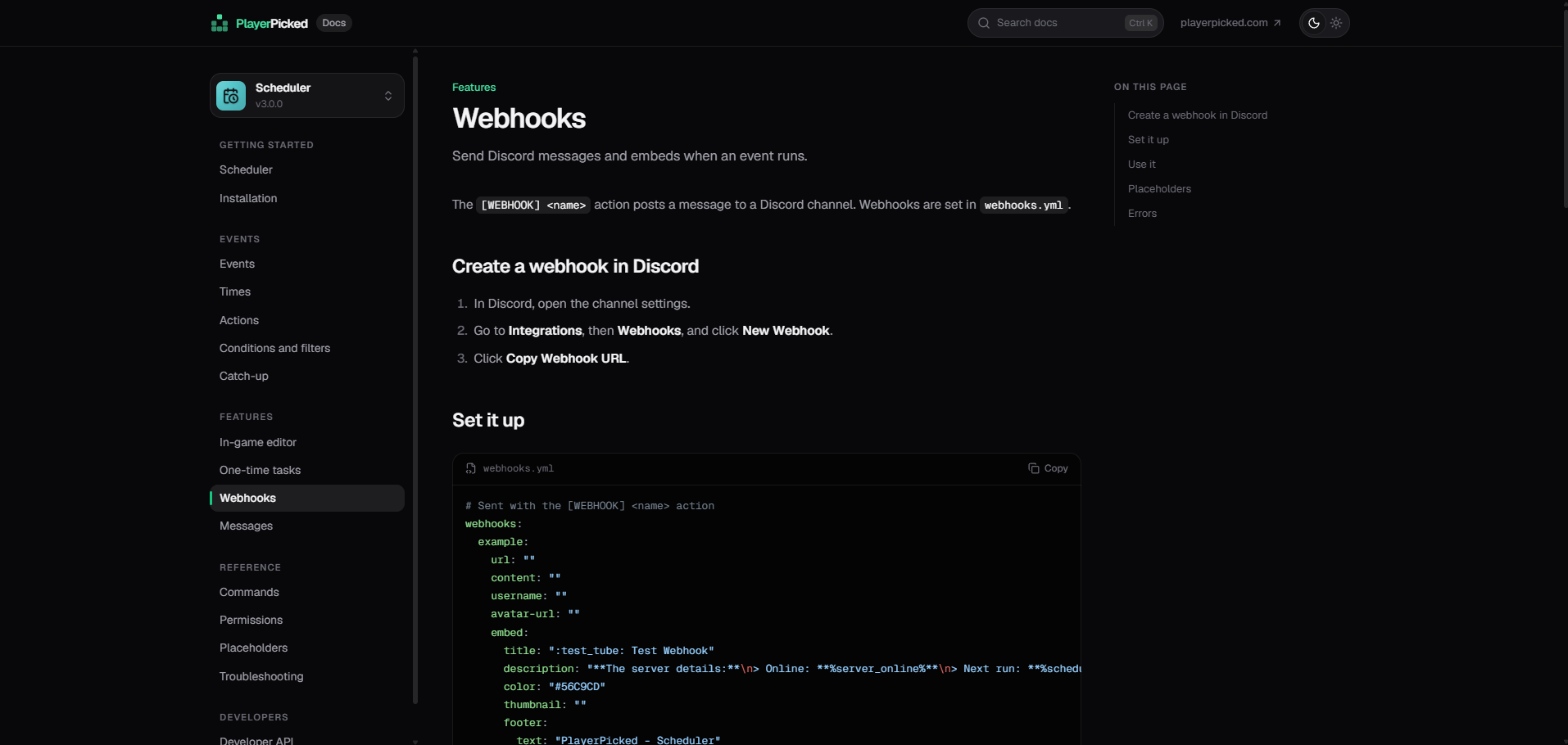 The Webhooks page of the Scheduler plugin docs with a sidebar, step-by-step instructions, a highlighted webhooks.yml example and an "On this page" outline