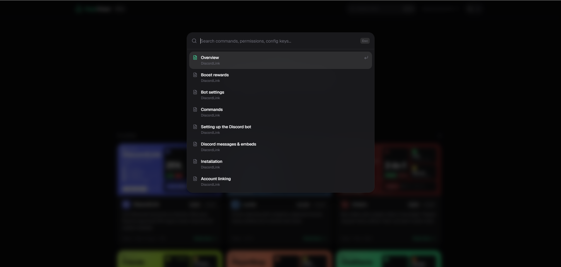 The Ctrl+K search dialog listing DiscordLink pages such as Overview, Boost rewards, Bot settings and Commands